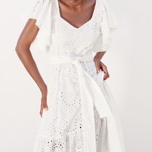 Zara White Wrap Midi Dress with Flutter Sleeves